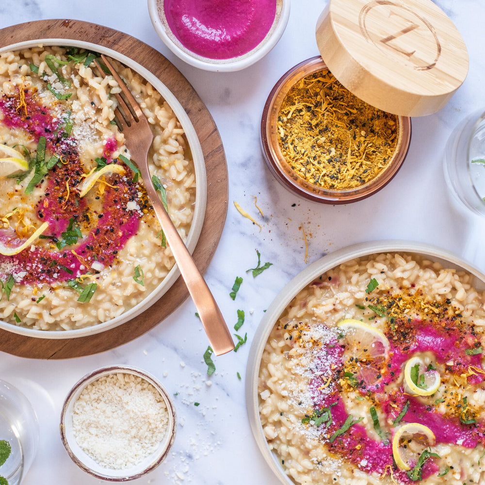 Veganes Zitronen Risotto mit Rote-Bete-Tahini-Sauce