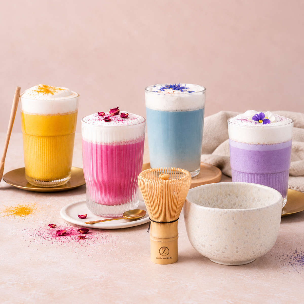 4er-Latte Ritual-Set mit Bambusbesen & Keramikschale