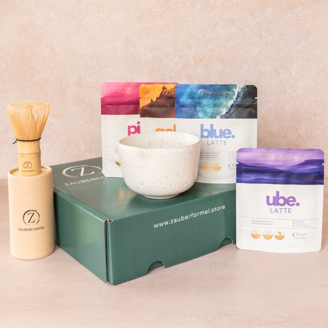 4er Latte Ritual Set mit Bambusbesen & Keramikschale